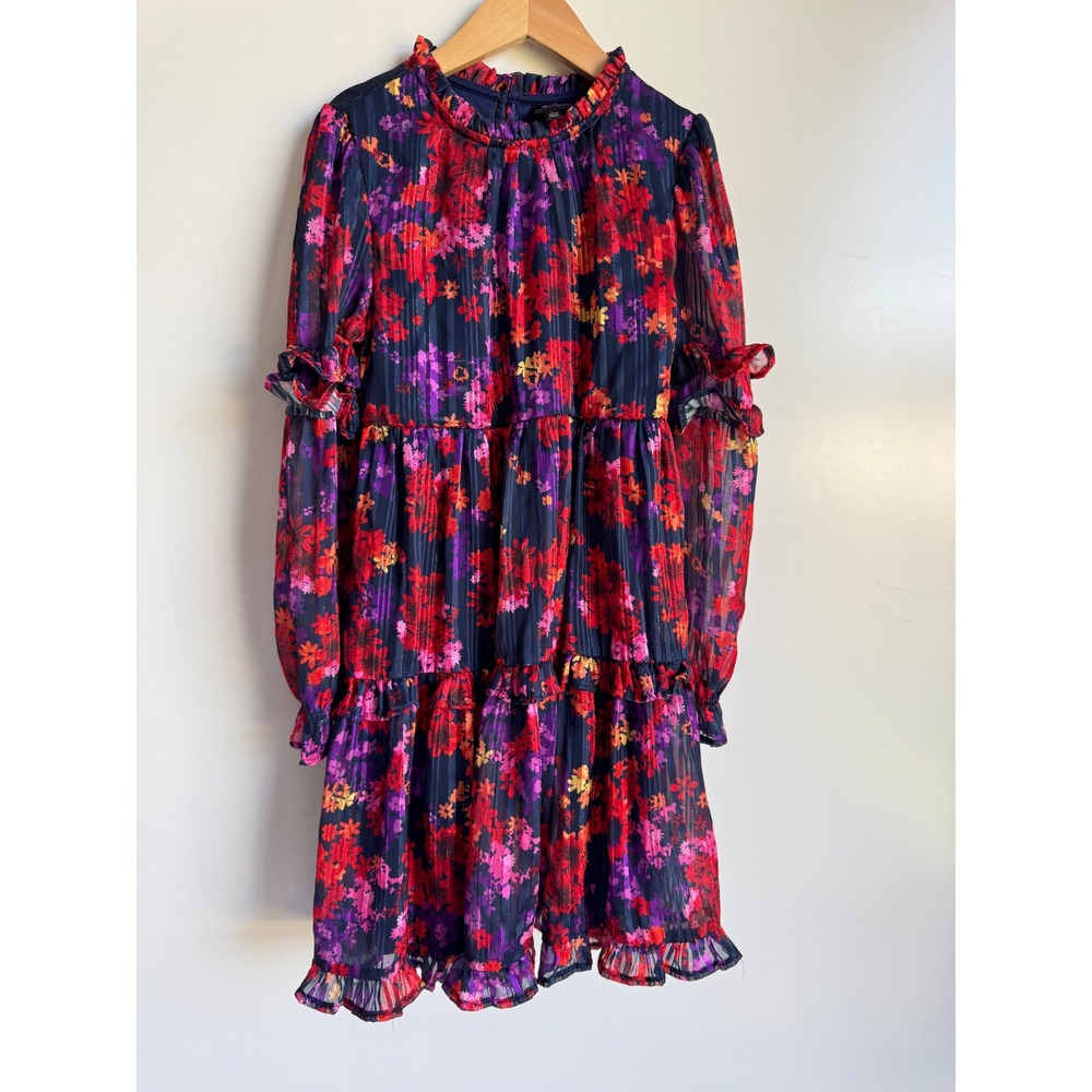 Zac Kids Zac Posen Floral Tiered Ruffle Dress Navy Red Purple Metallic L 10-12